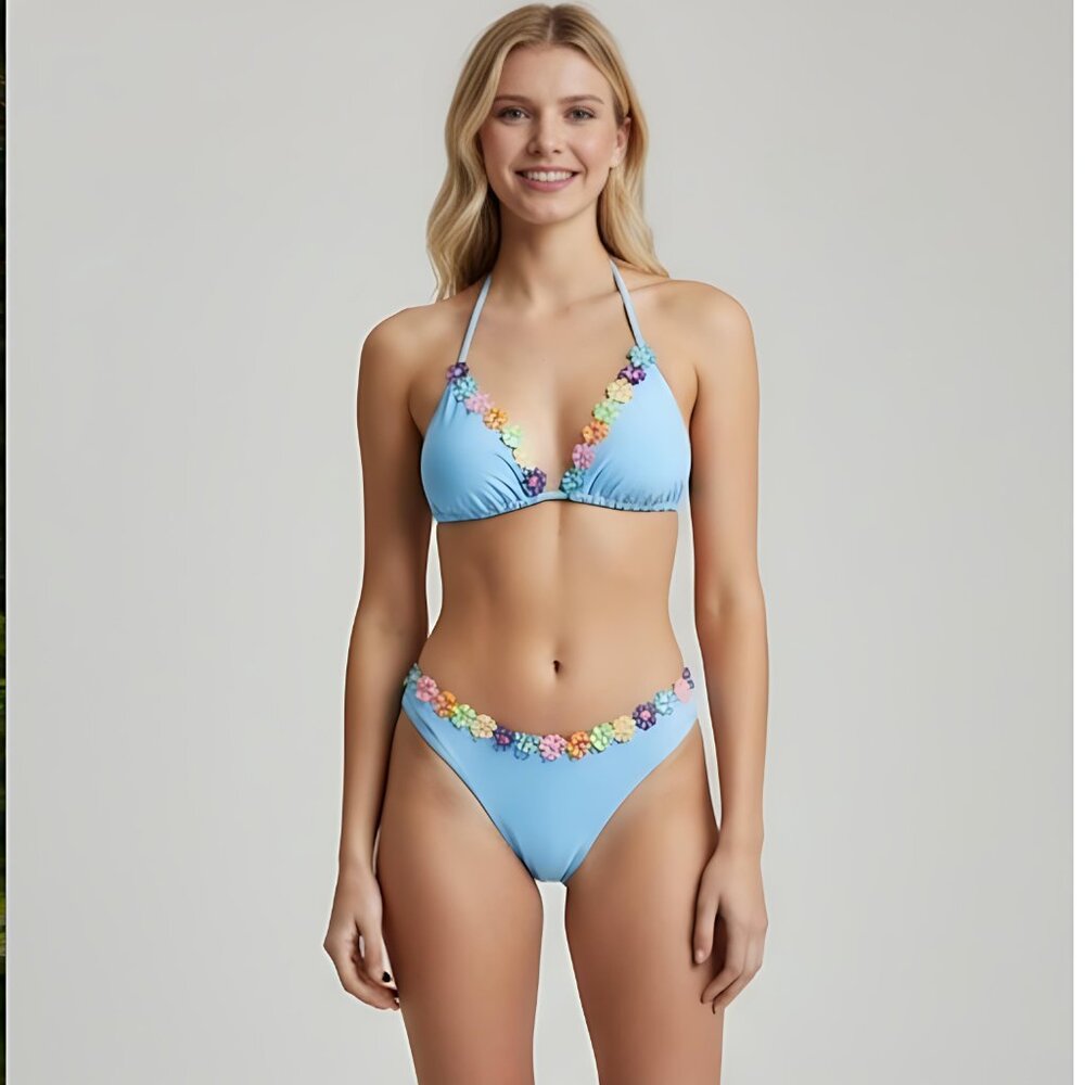 Blue Flower Applique Pink Halter Bikini Swimsuit